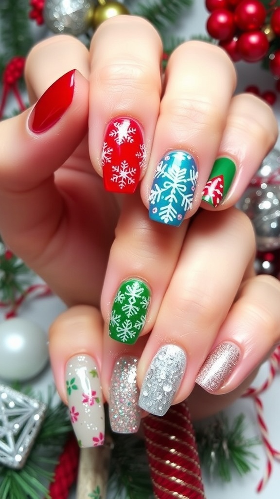 Festive Winter Christmas Nail Designs A variety of winter Christmas nail designs including red and green colors, snowflakes, and glitter.